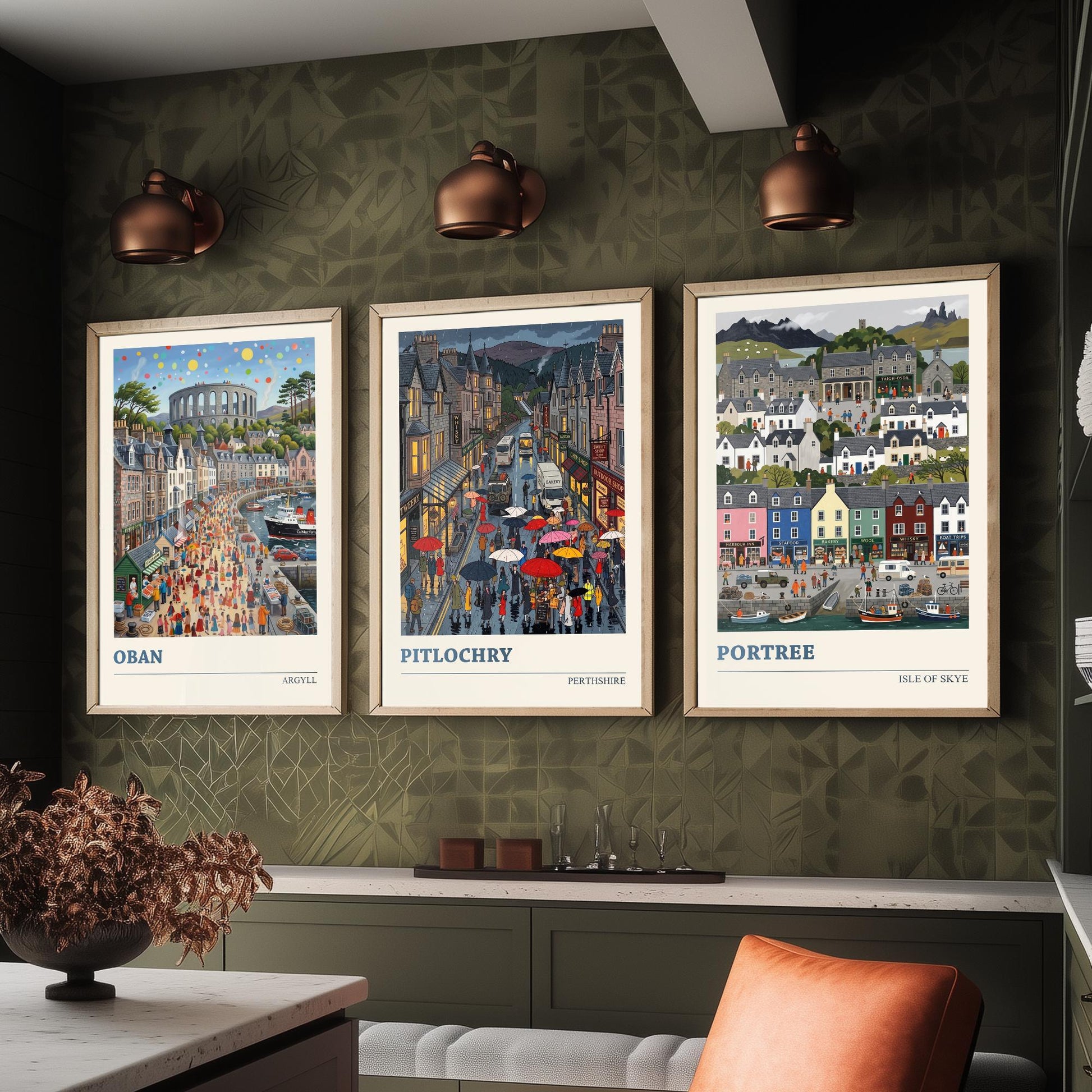 Scottish Highlands Set of Three Art Prints - Oban, Pitlochry, Portree - 3 Colourful Folk Illustration Travel Posters - Scotland Painting