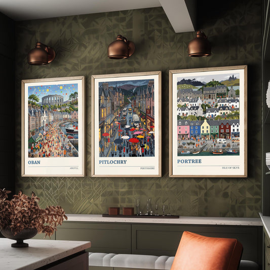 Scottish Highlands Set of Three Art Prints - Oban, Pitlochry, Portree - 3 Colourful Folk Illustration Travel Posters - Scotland Painting