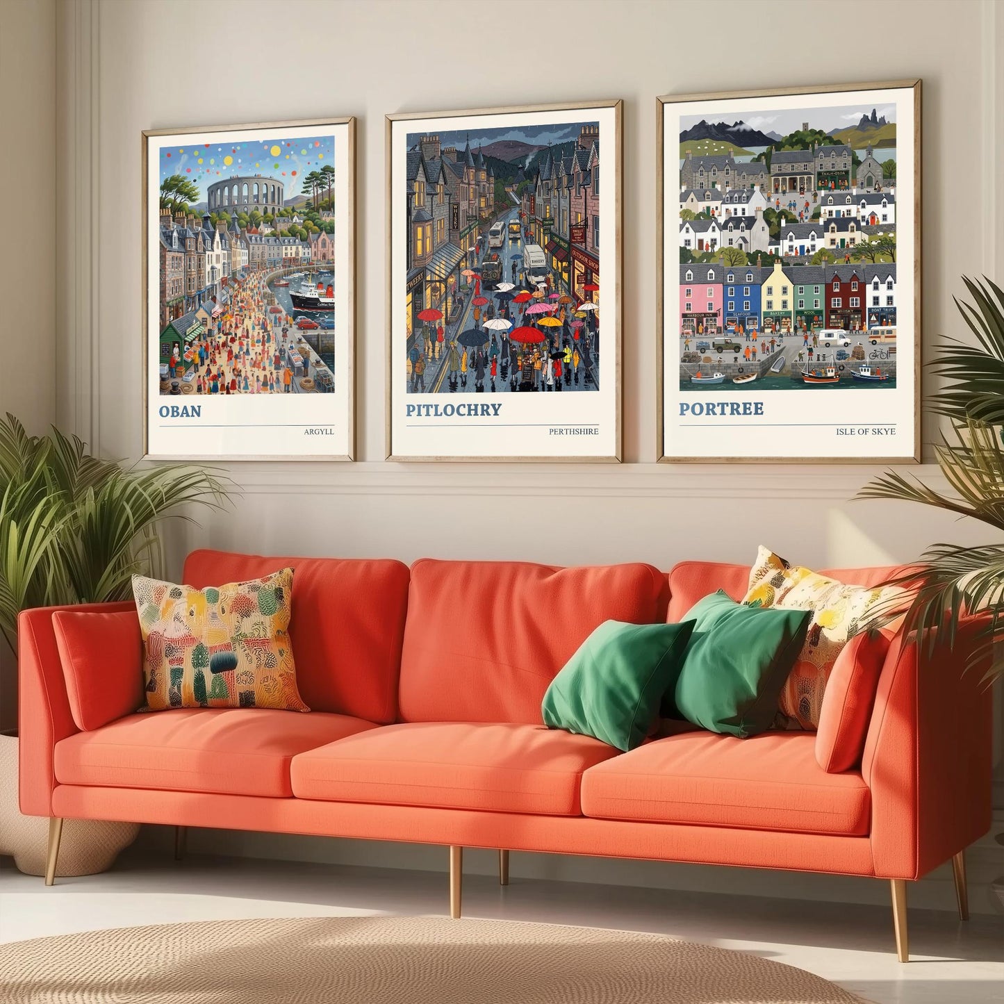 Scottish Highlands Set of Three Art Prints - Oban, Pitlochry, Portree - 3 Colourful Folk Illustration Travel Posters - Scotland Painting