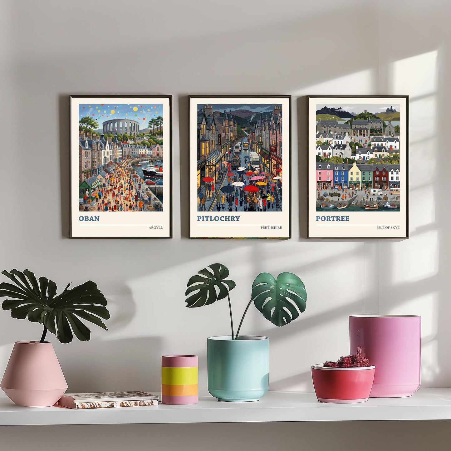 Scottish Highlands Set of Three Art Prints - Oban, Pitlochry, Portree - 3 Colourful Folk Illustration Travel Posters - Scotland Painting