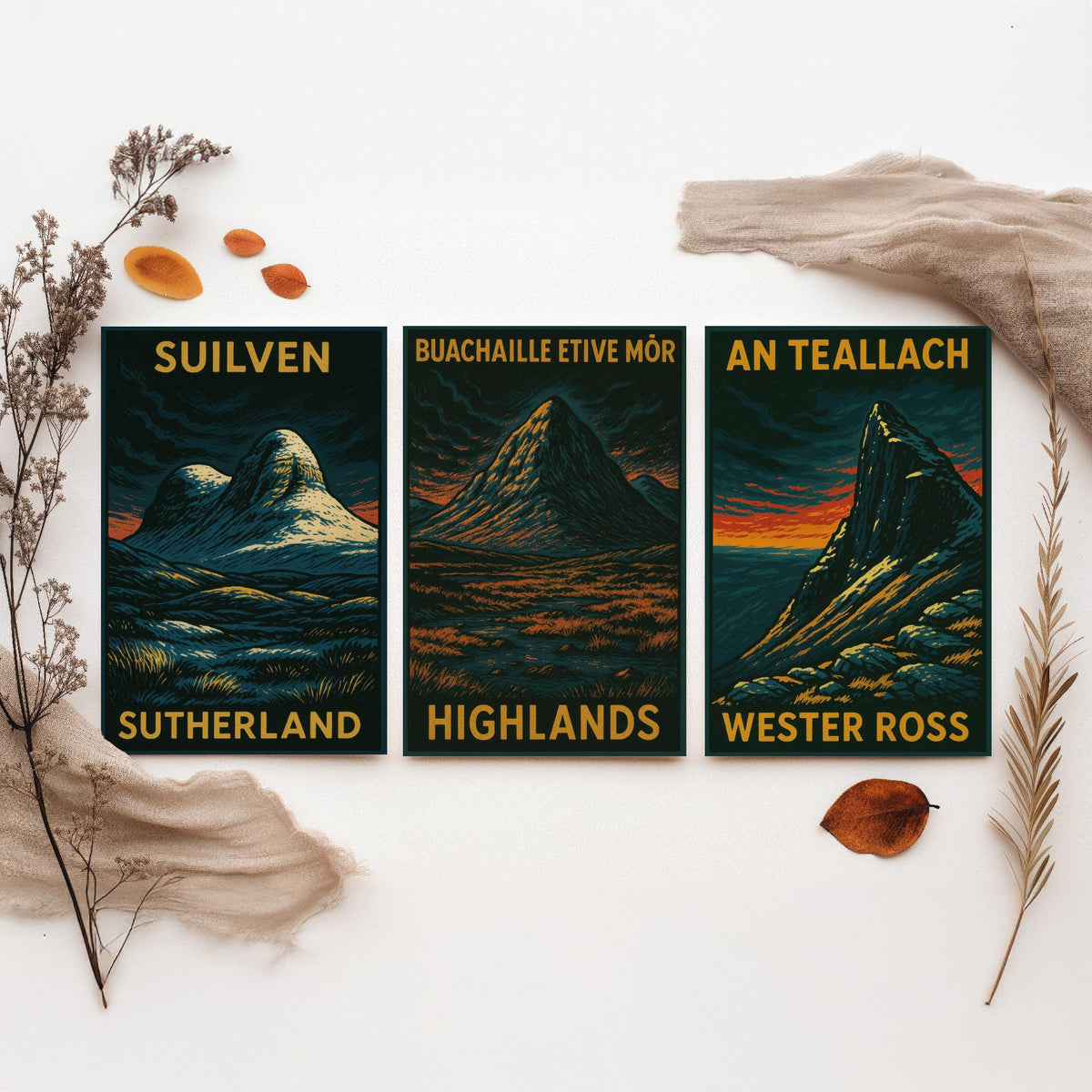 Scottish Highlands Set of Three Art Prints - Suilven Buachaille An Teallach - 3 Woodcut Mountain Posters - Wall Art Gift Hiker Munro