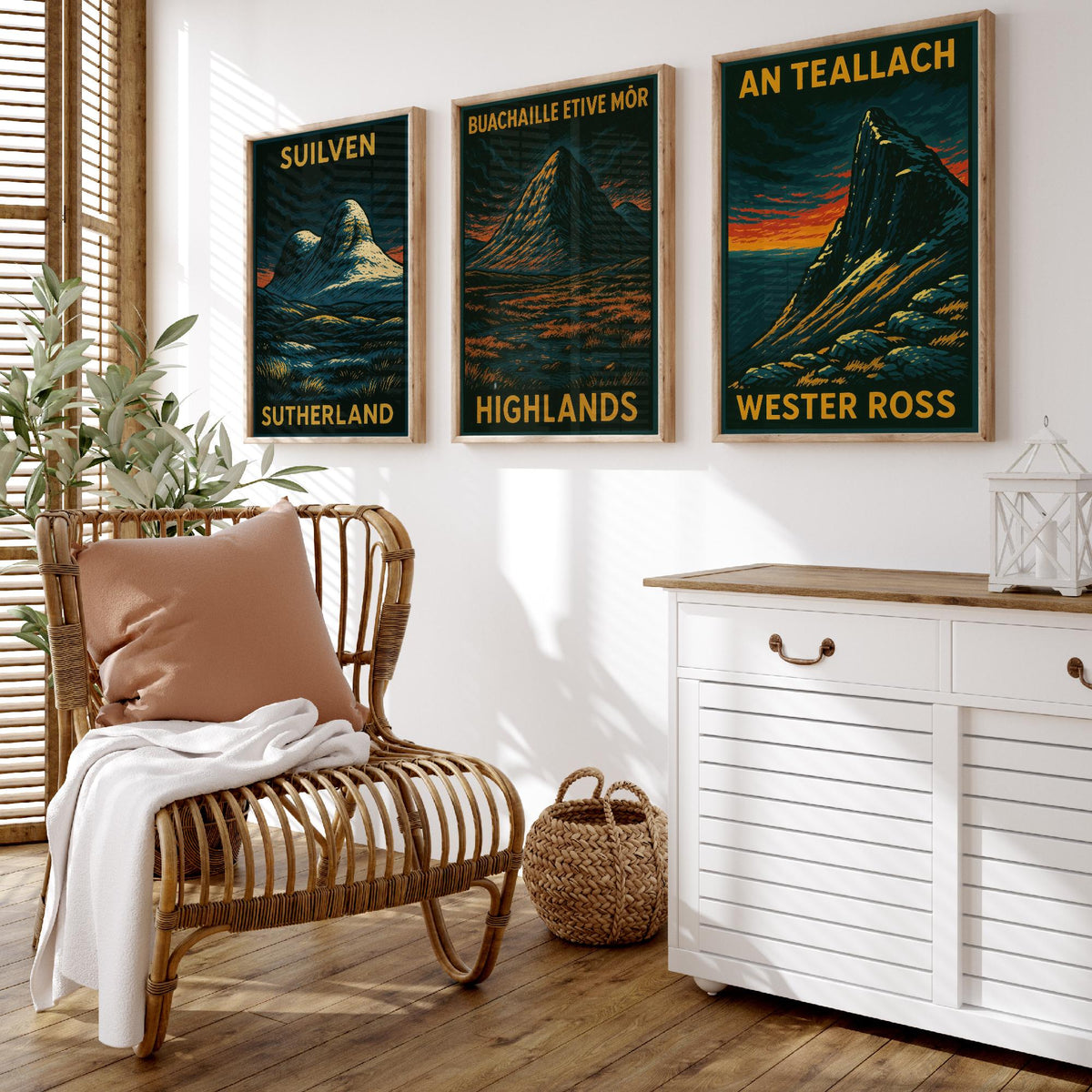 Scottish Highlands Set of Three Art Prints - Suilven Buachaille An Teallach - 3 Woodcut Mountain Posters - Wall Art Gift Hiker Munro