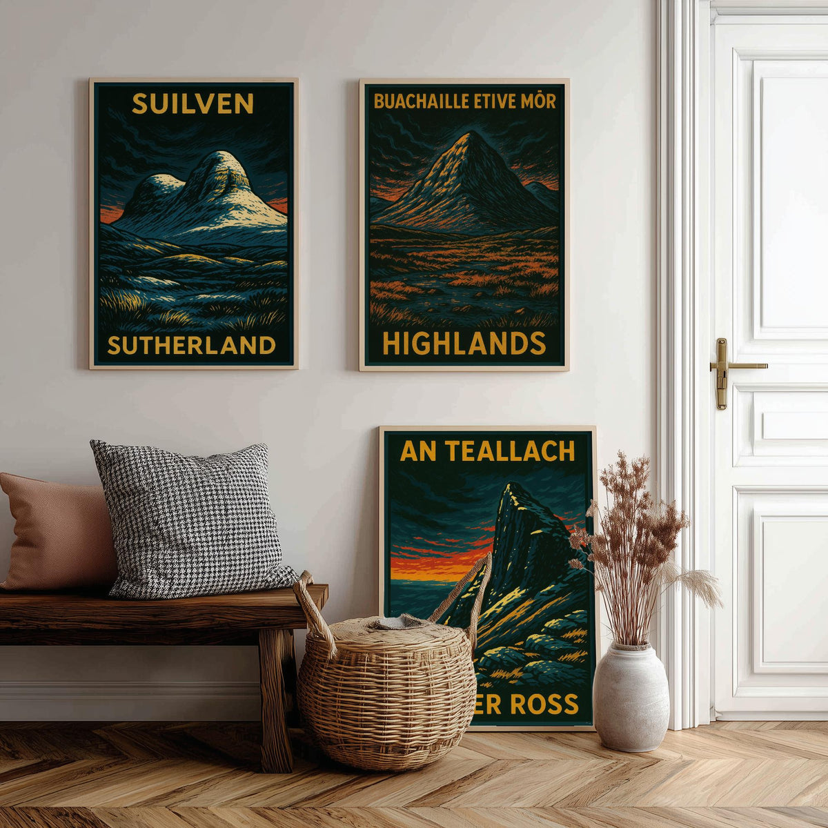 Scottish Highlands Set of Three Art Prints - Suilven Buachaille An Teallach - 3 Woodcut Mountain Posters - Wall Art Gift Hiker Munro