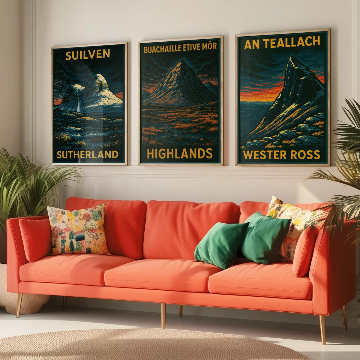 Scottish Highlands Set of Three Art Prints - Suilven Buachaille An Teallach - 3 Woodcut Mountain Posters - Wall Art Gift Hiker Munro