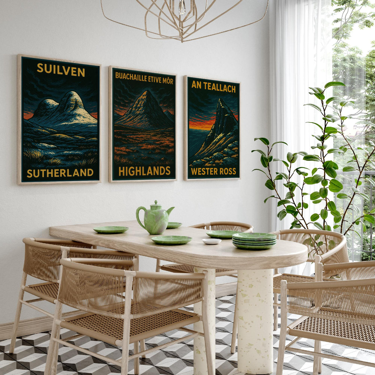 Scottish Highlands Set of Three Art Prints - Suilven Buachaille An Teallach - 3 Woodcut Mountain Posters - Wall Art Gift Hiker Munro