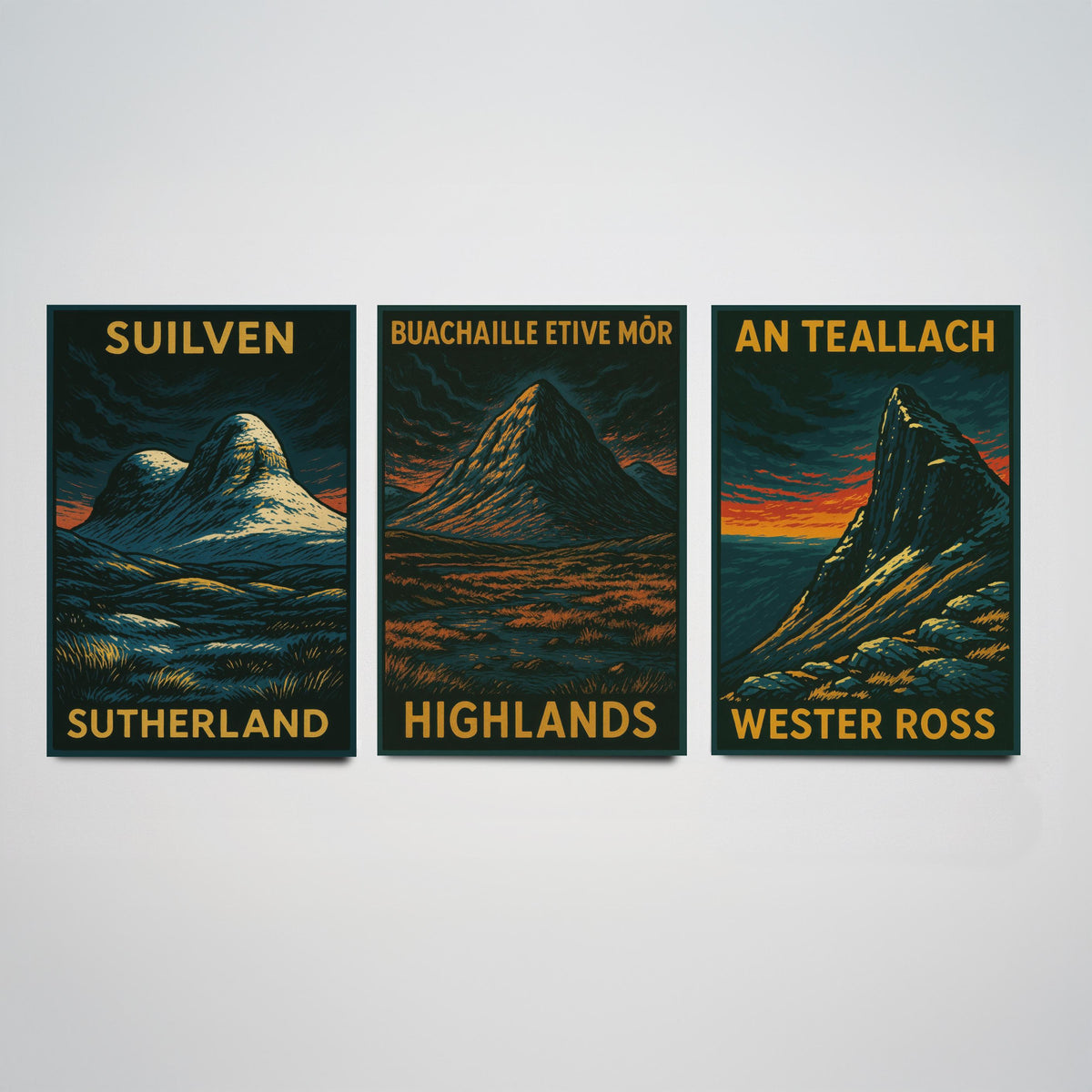 Scottish Highlands Set of Three Art Prints - Suilven Buachaille An Teallach - 3 Woodcut Mountain Posters - Wall Art Gift Hiker Munro