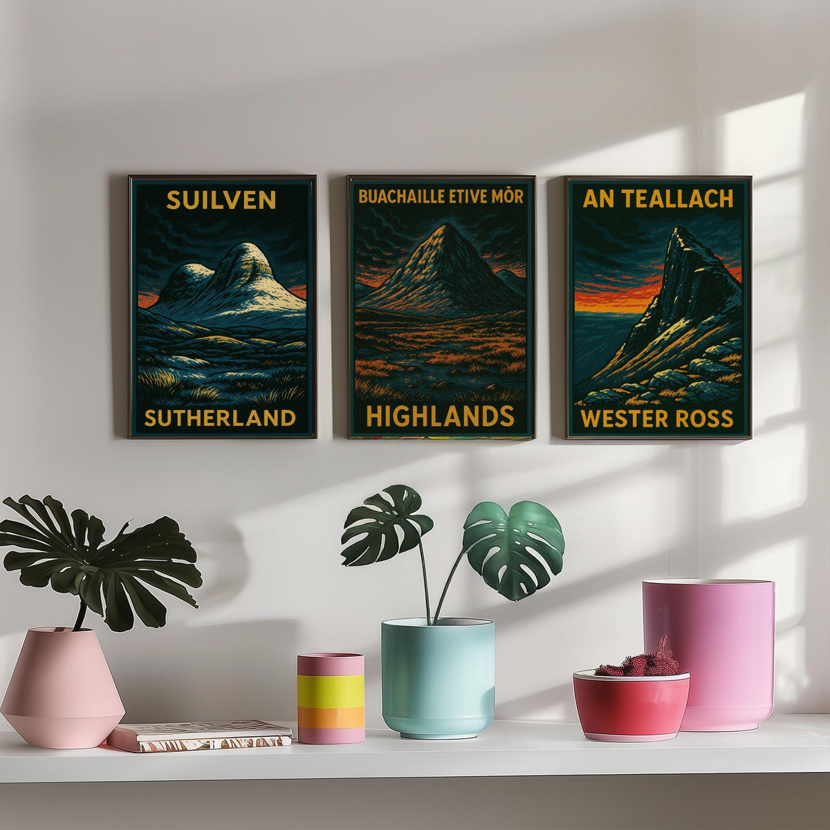Scottish Highlands Set of Three Art Prints - Suilven Buachaille An Teallach - 3 Woodcut Mountain Posters - Wall Art Gift Hiker Munro