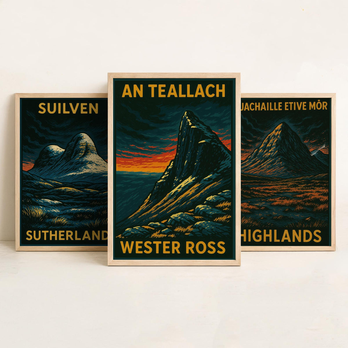 Scottish Highlands Set of Three Art Prints - Suilven Buachaille An Teallach - 3 Woodcut Mountain Posters - Wall Art Gift Hiker Munro