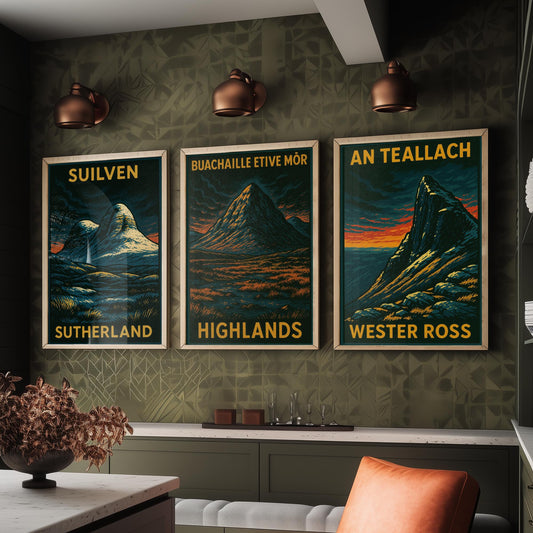 Scottish Highlands Set of Three Art Prints - Suilven Buachaille An Teallach - 3 Woodcut Mountain Posters - Wall Art Gift Hiker Munro