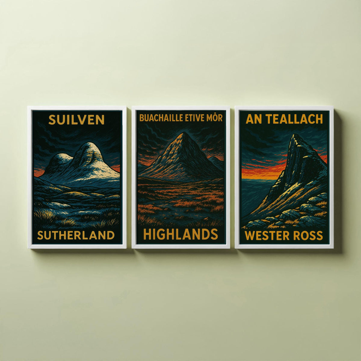 Scottish Highlands Set of Three Art Prints - Suilven Buachaille An Teallach - 3 Woodcut Mountain Posters - Wall Art Gift Hiker Munro