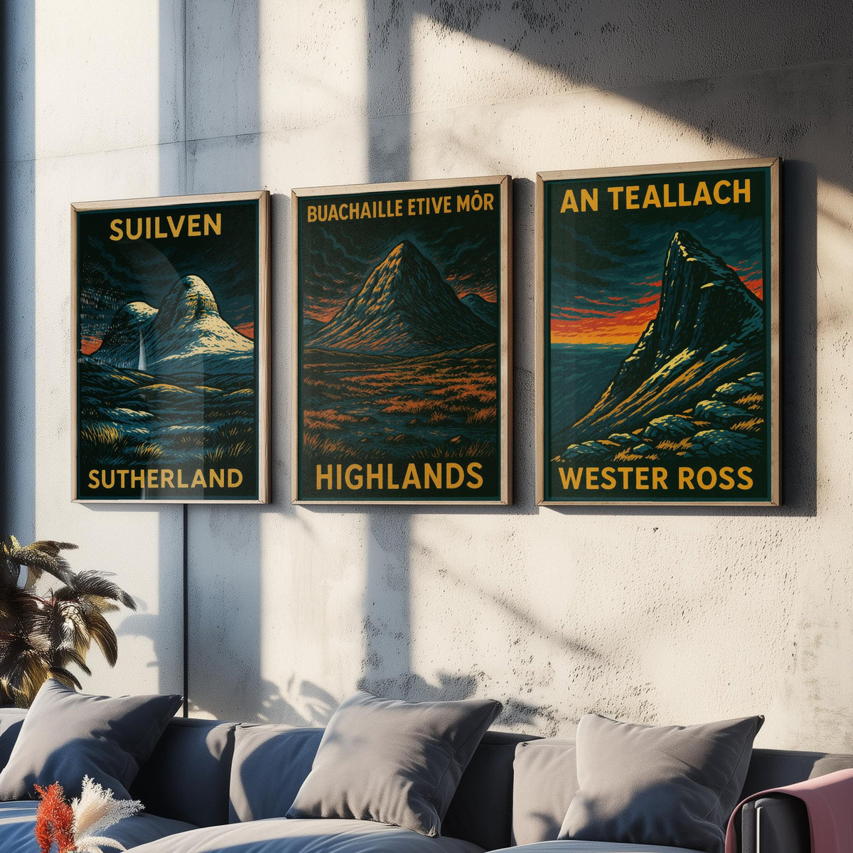Scottish Highlands Set of Three Art Prints - Suilven Buachaille An Teallach - 3 Woodcut Mountain Posters - Wall Art Gift Hiker Munro