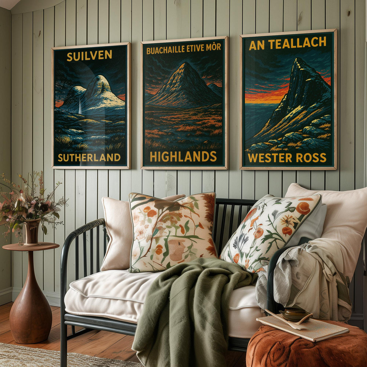 Scottish Highlands Set of Three Art Prints - Suilven Buachaille An Teallach - 3 Woodcut Mountain Posters - Wall Art Gift Hiker Munro
