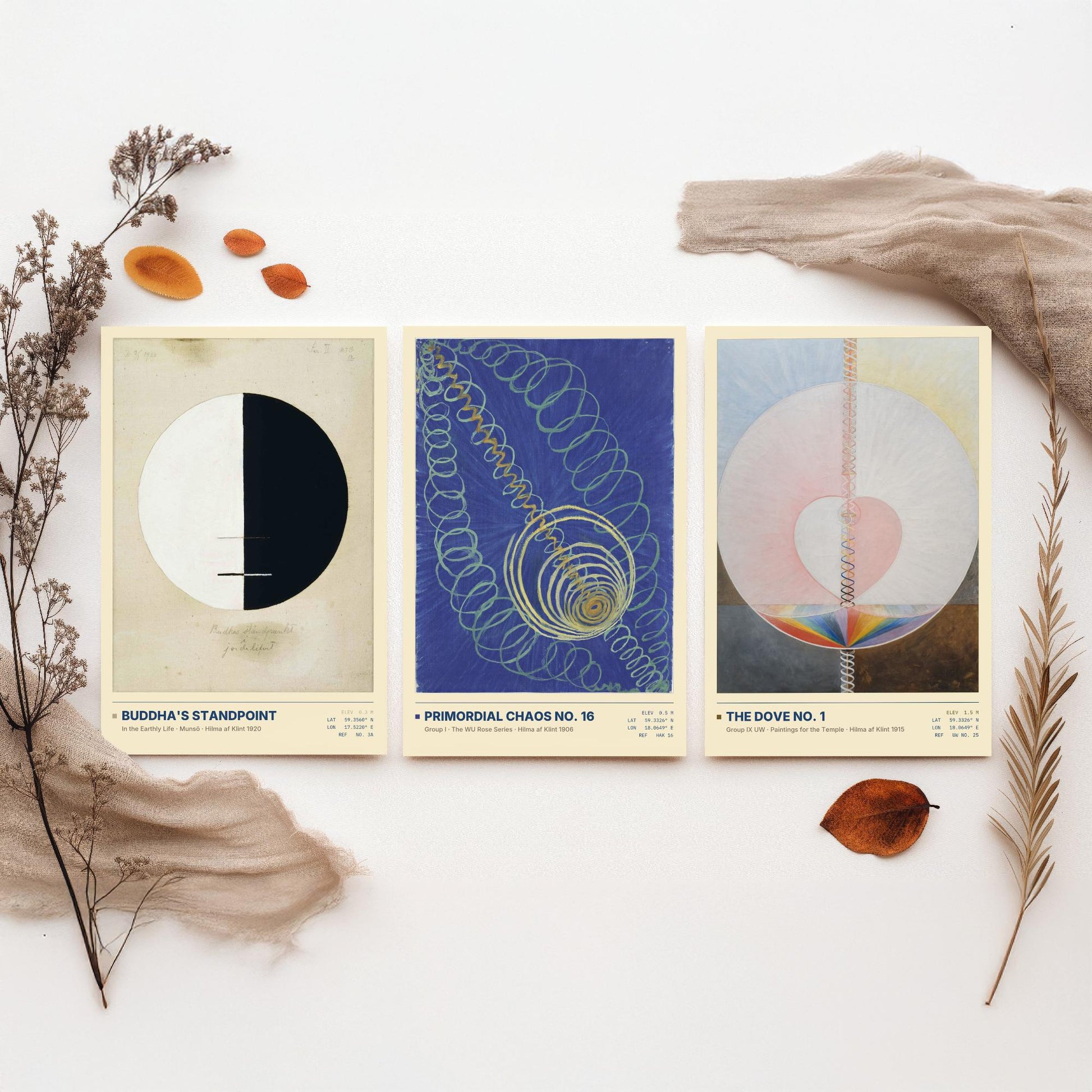 Hilma af Klint Set of Three Art Prints - Buddhas Standpoint, Primordial Chaos, The Dove - Abstract Spiritual Poster Painting