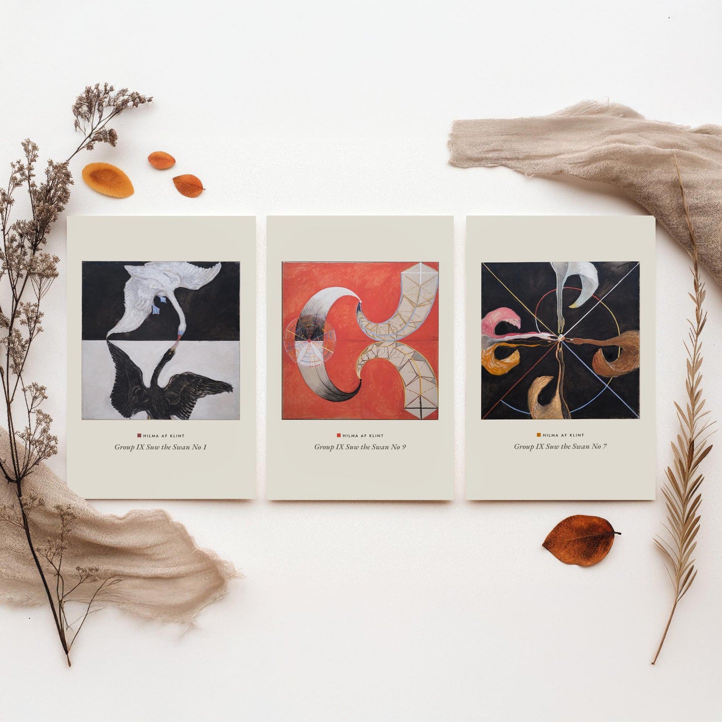 Hilma af Klint The Swan Set of Three Art Prints - Swan No 1, No 9, No 7 - Abstract Bird Poster Painting Giclee