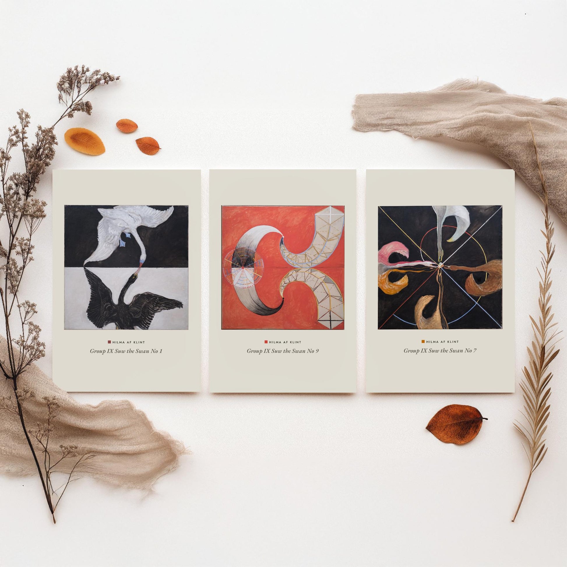 Hilma af Klint The Swan Set of Three Art Prints - Swan No 1, No 9, No 7 - Abstract Bird Poster Painting Giclee