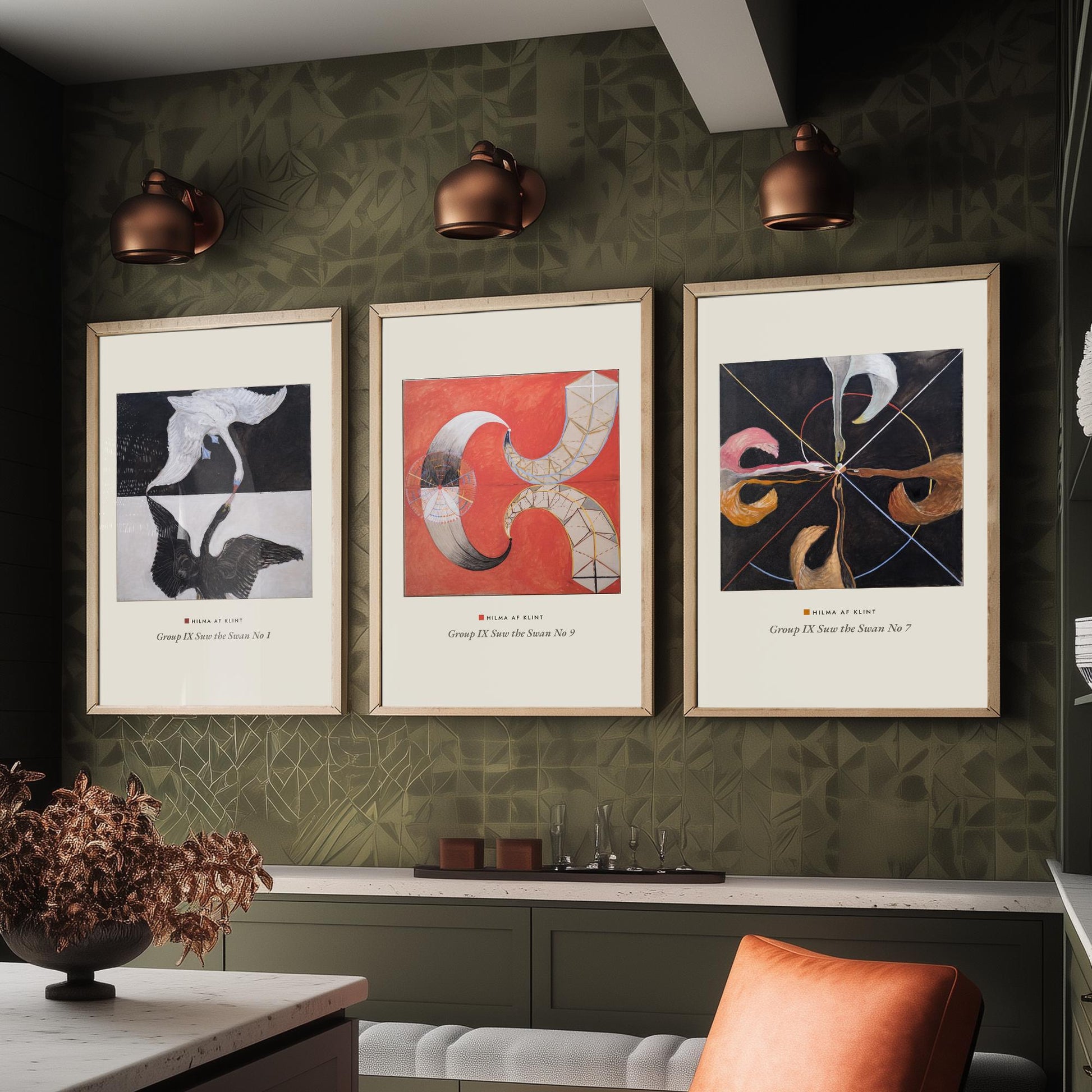 Hilma af Klint The Swan Set of Three Art Prints - Swan No 1, No 9, No 7 - Abstract Bird Poster Painting Giclee