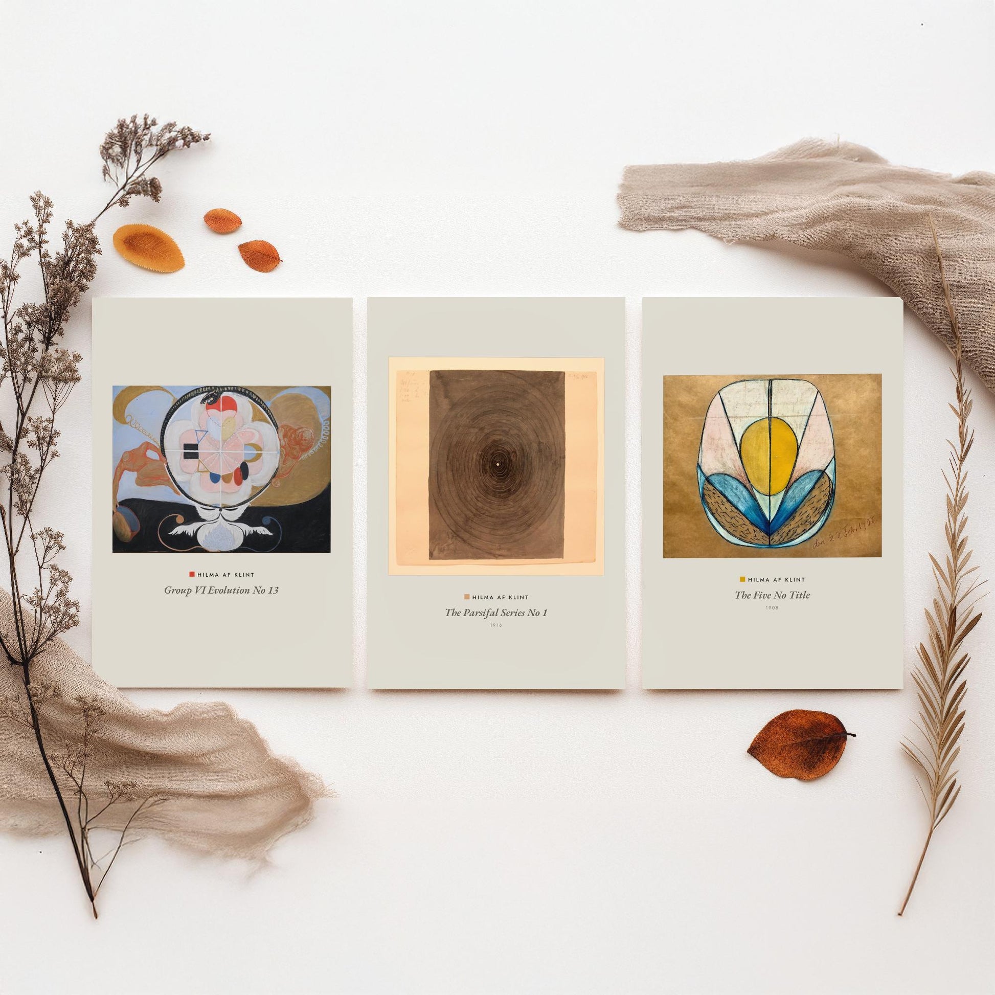 Hilma af Klint Set of Three Art Prints - Evolution No 13, Parsifal Series, The Five - Abstract Spiritual Poster Painting