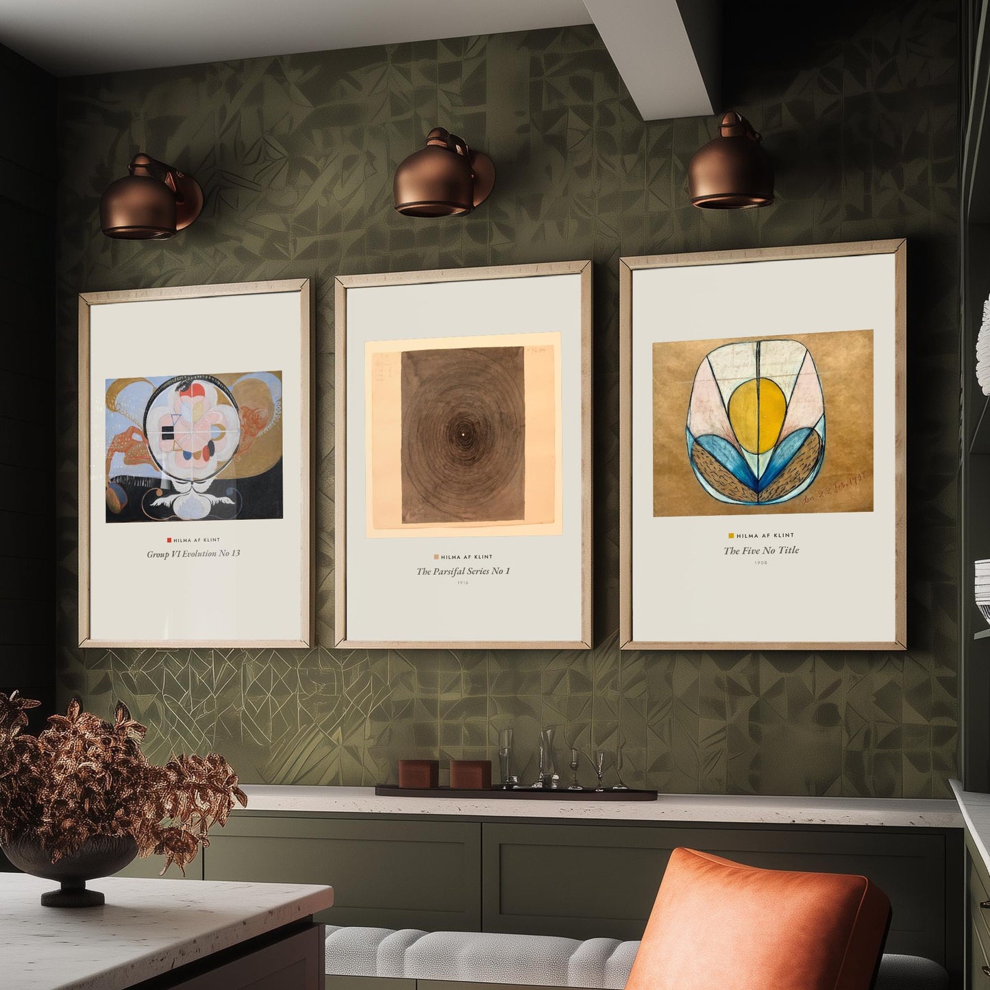Hilma af Klint Set of Three Art Prints - Evolution No 13, Parsifal Series, The Five - Abstract Spiritual Poster Painting