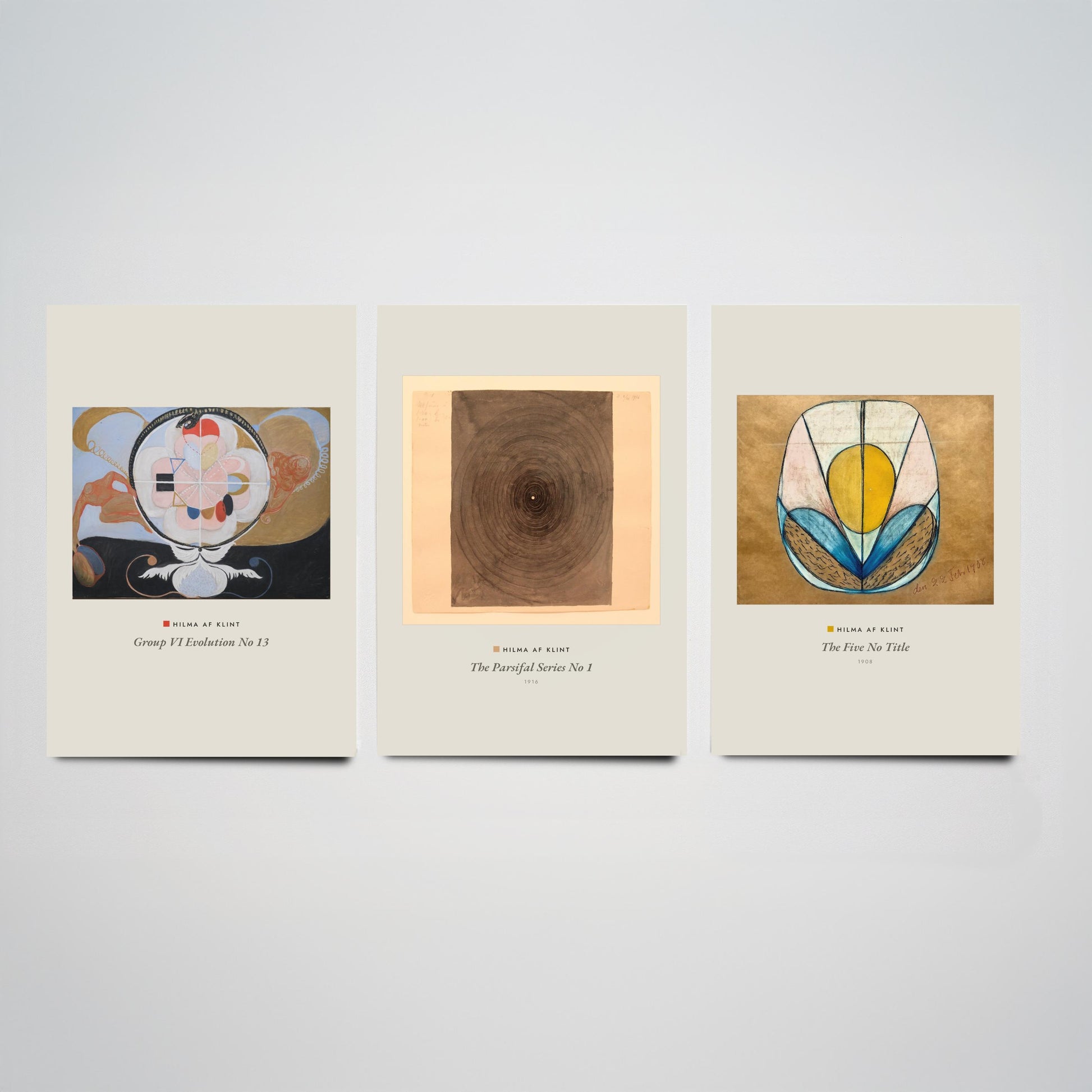 Hilma af Klint Set of Three Art Prints - Evolution No 13, Parsifal Series, The Five - Abstract Spiritual Poster Painting