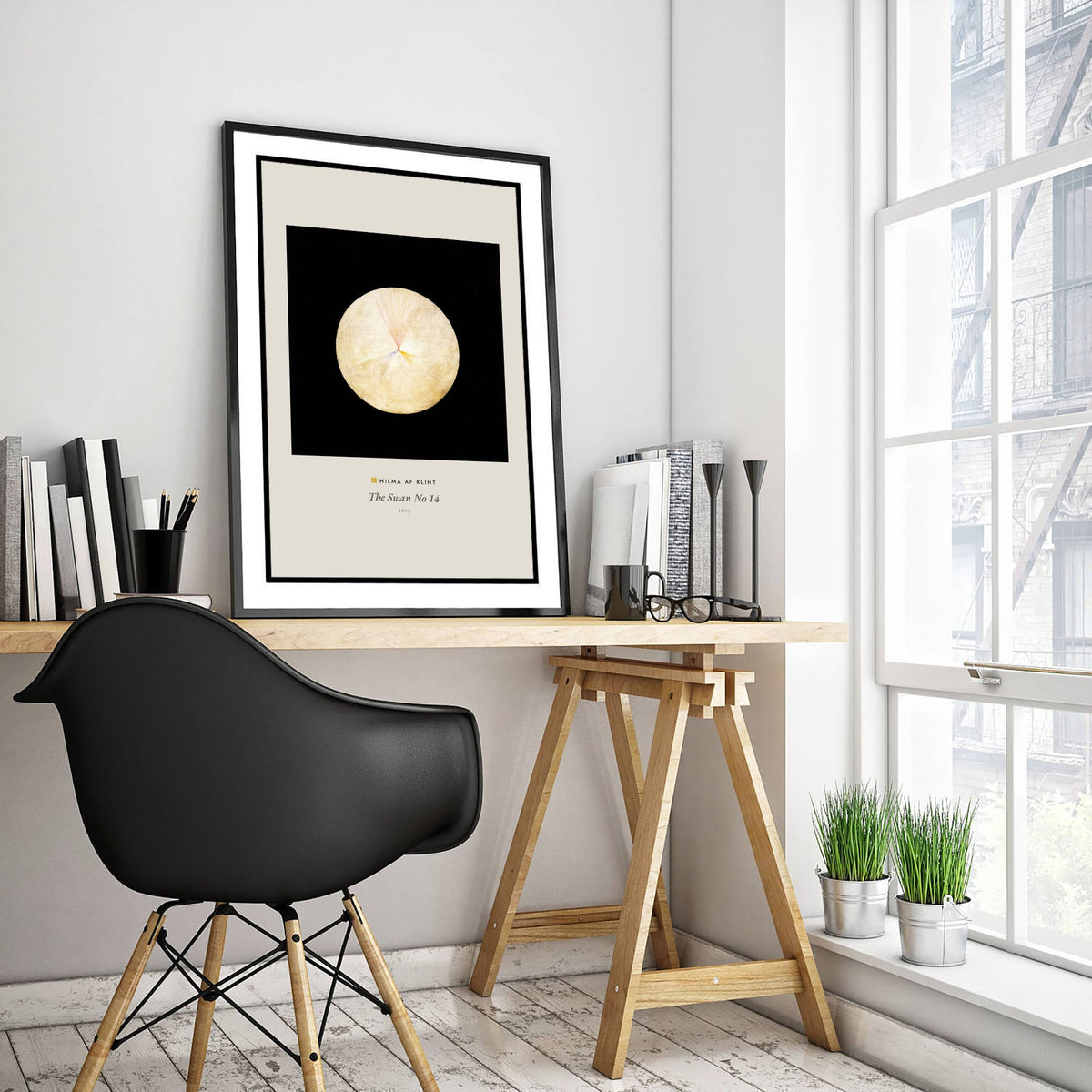 Hilma af Klint - The Swan No 14 (1915) - Classic Painting Art Print - Cream Orb on Black Minimalist Abstract Poster