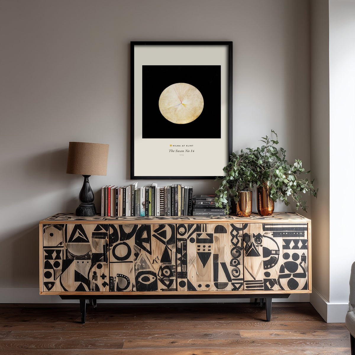 Hilma af Klint - The Swan No 14 (1915) - Classic Painting Art Print - Cream Orb on Black Minimalist Abstract Poster