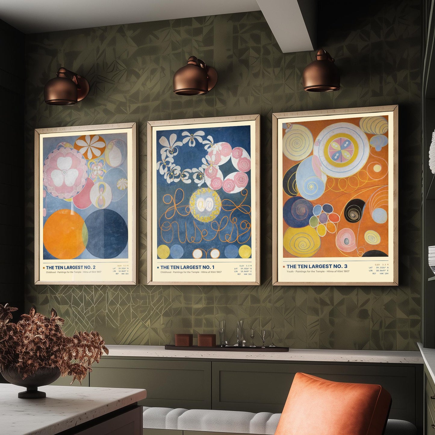 Hilma af Klint The Ten Largest Set of Three Art Prints - Nos 1, 2 and 3 Childhood Youth - Abstract Floral Poster Painting
