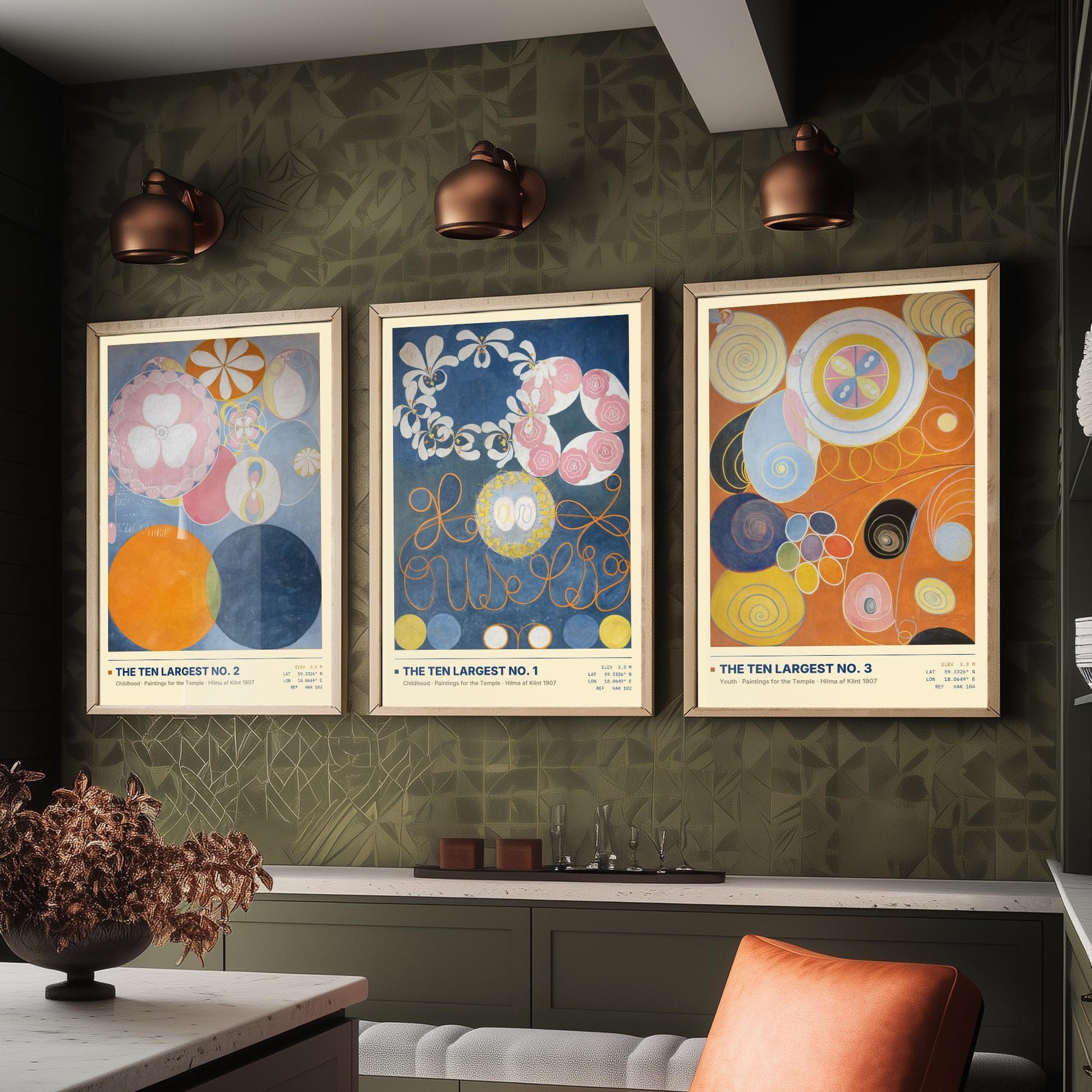 Hilma af Klint The Ten Largest Set of Three Art Prints - Nos 1, 2 and 3 Childhood Youth - Abstract Floral Poster Painting