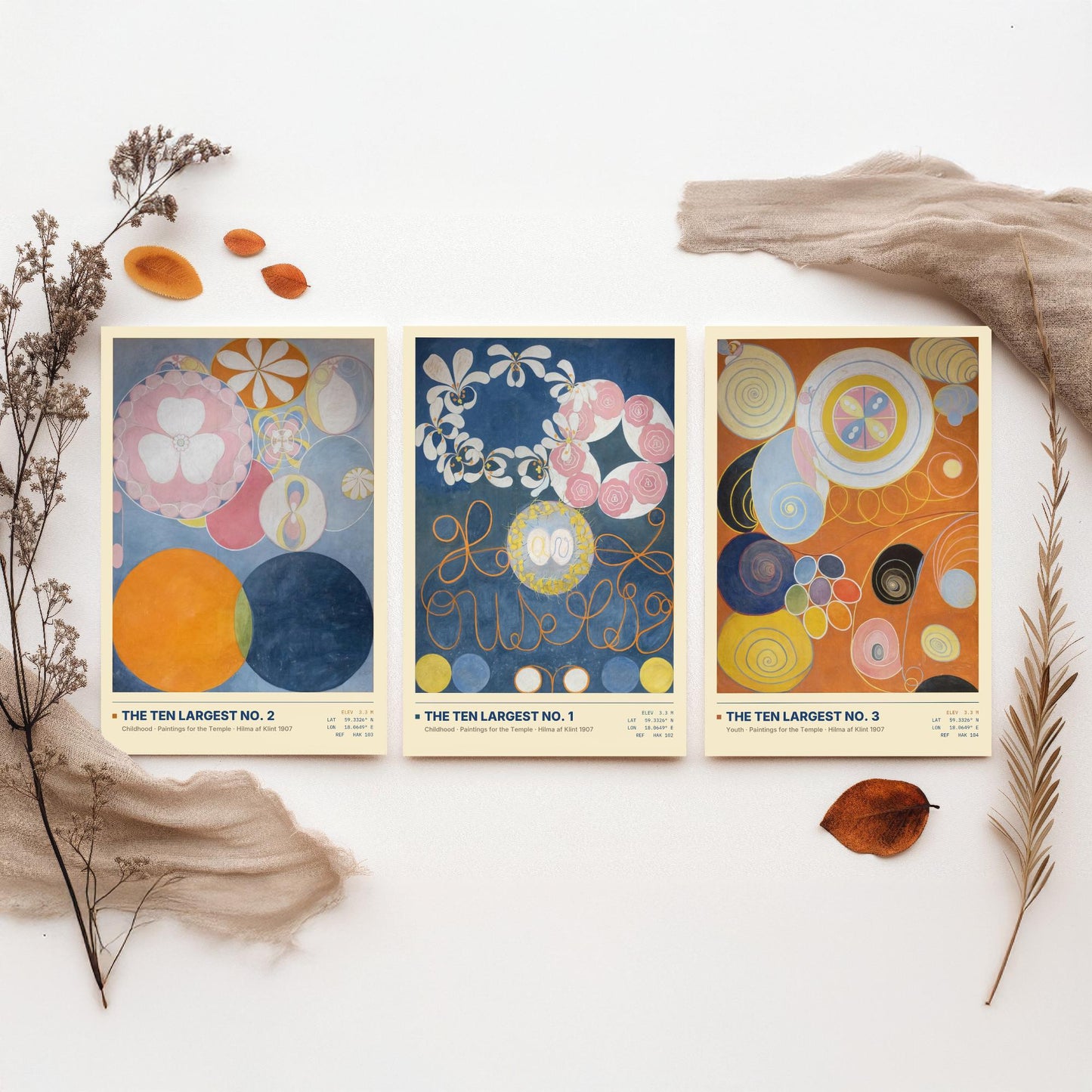 Hilma af Klint The Ten Largest Set of Three Art Prints - Nos 1, 2 and 3 Childhood Youth - Abstract Floral Poster Painting