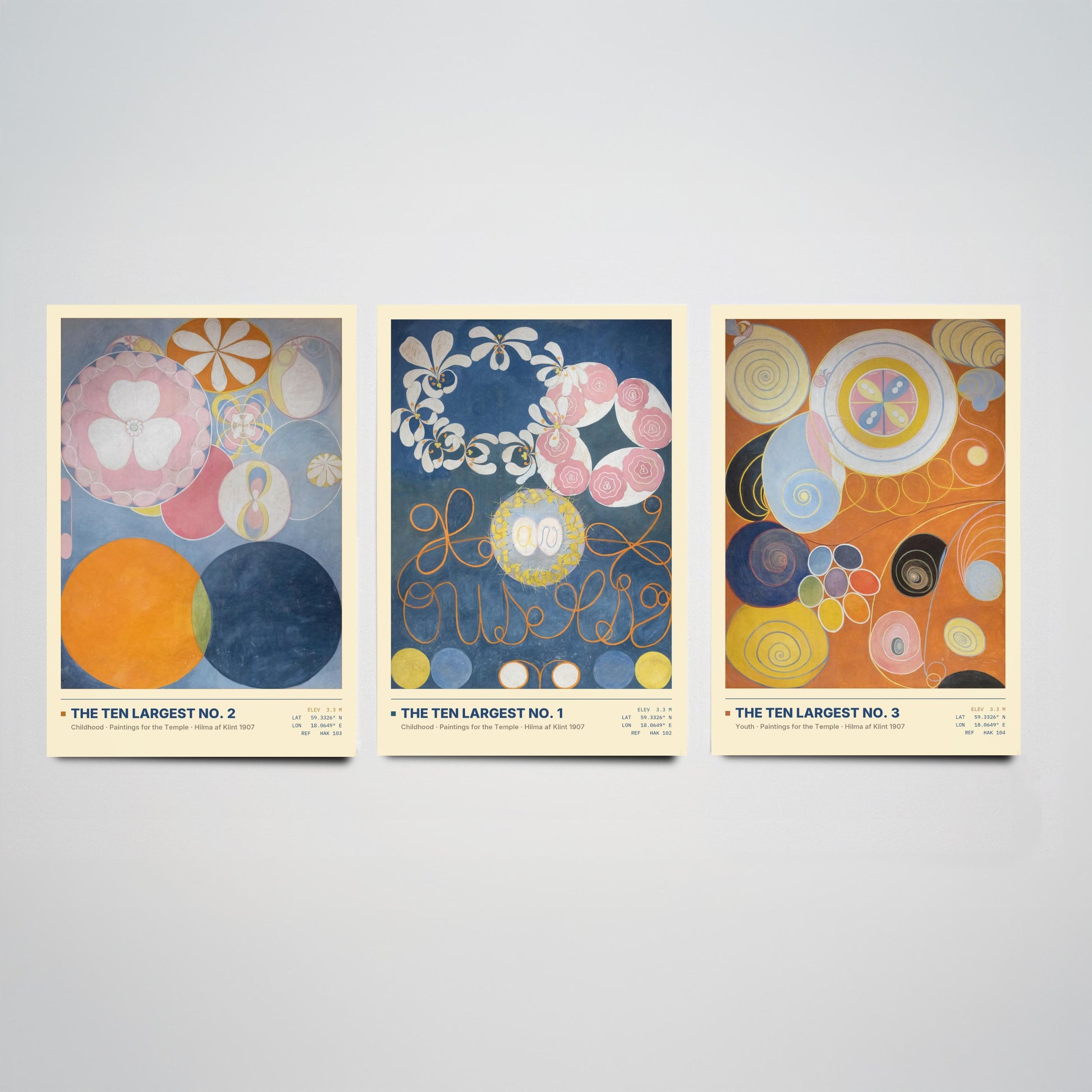 Hilma af Klint The Ten Largest Set of Three Art Prints - Nos 1, 2 and 3 Childhood Youth - Abstract Floral Poster Painting