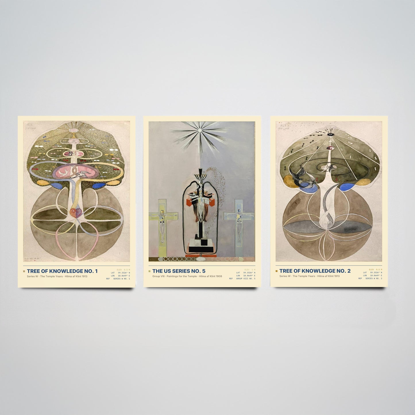 Hilma af Klint Set of Three Art Prints - Tree of Knowledge No 1, No 2 and US Series No 5 - Spiritual Poster Watercolour Painting