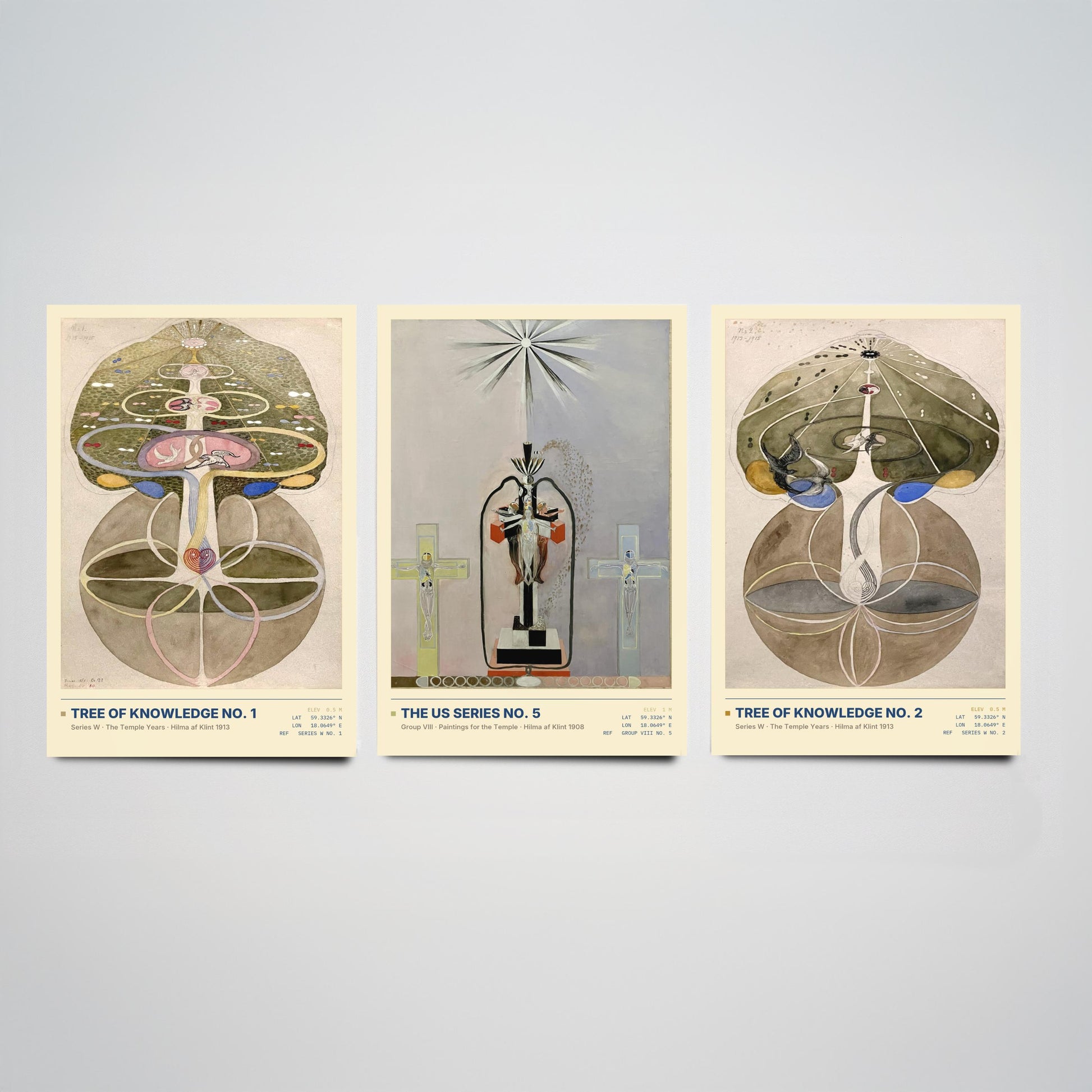 Hilma af Klint Set of Three Art Prints - Tree of Knowledge No 1, No 2 and US Series No 5 - Spiritual Poster Watercolour Painting
