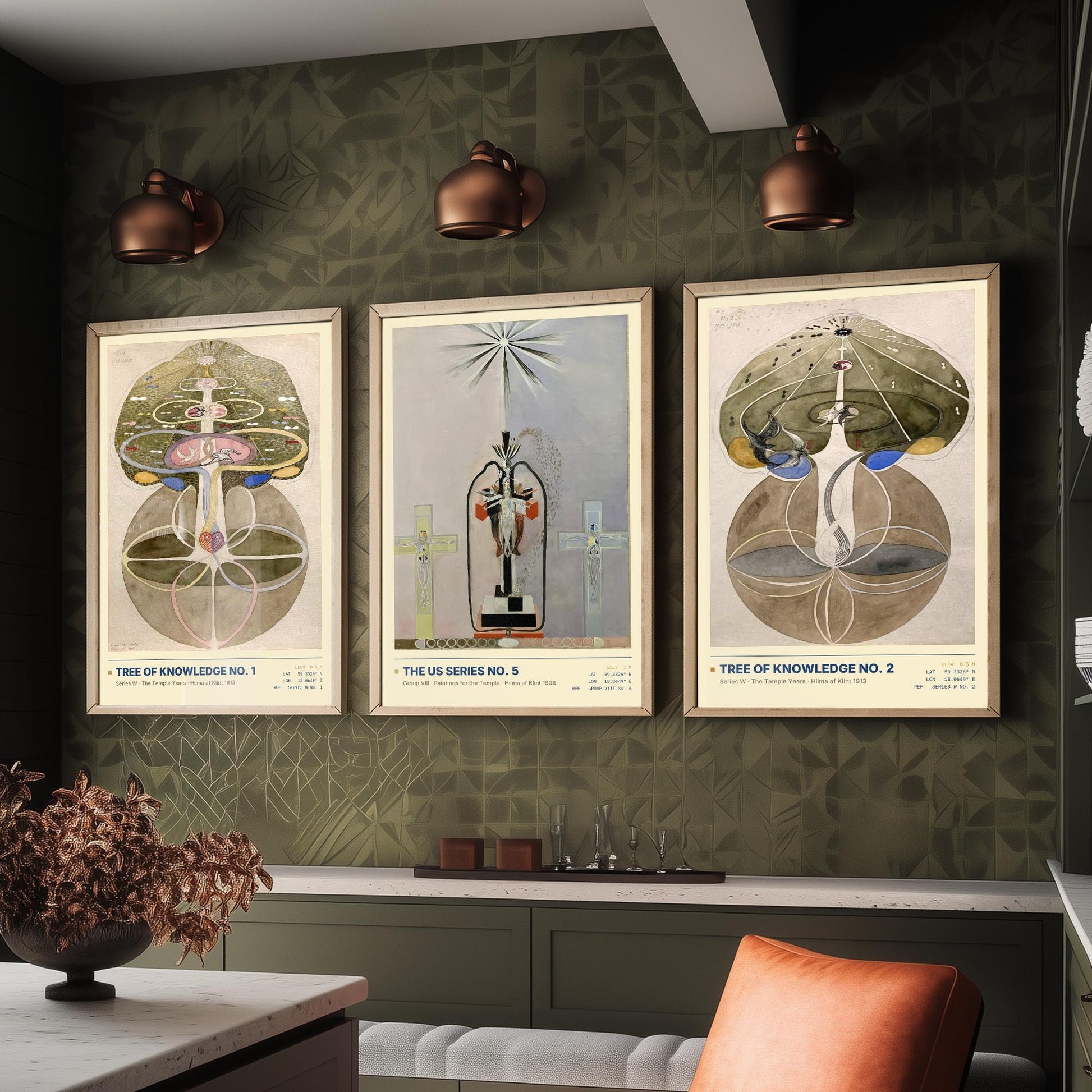 Hilma af Klint Set of Three Art Prints - Tree of Knowledge No 1, No 2 and US Series No 5 - Spiritual Poster Watercolour Painting