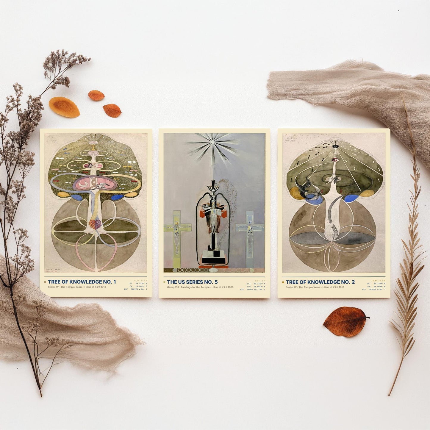 Hilma af Klint Set of Three Art Prints - Tree of Knowledge No 1, No 2 and US Series No 5 - Spiritual Poster Watercolour Painting