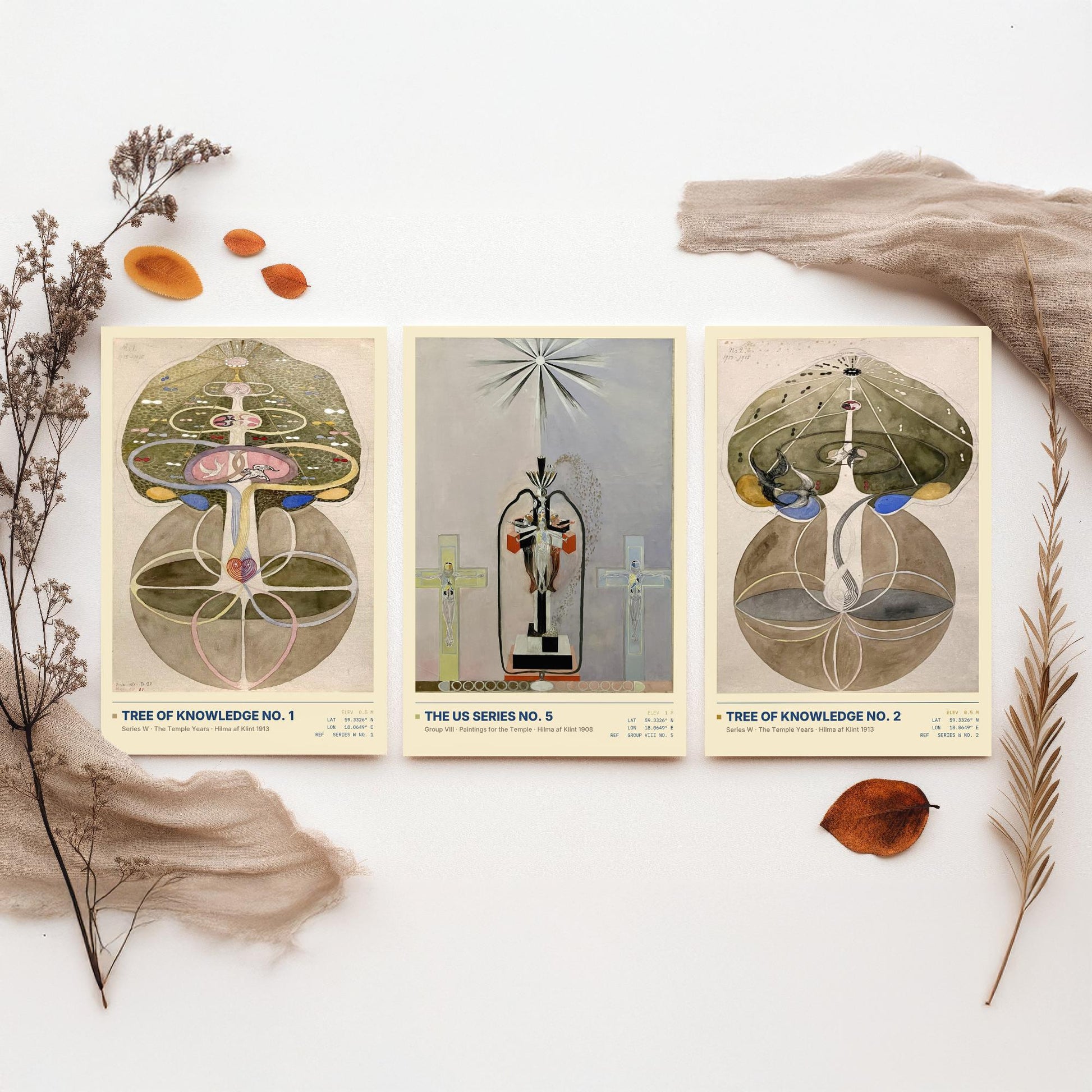 Hilma af Klint Set of Three Art Prints - Tree of Knowledge No 1, No 2 and US Series No 5 - Spiritual Poster Watercolour Painting