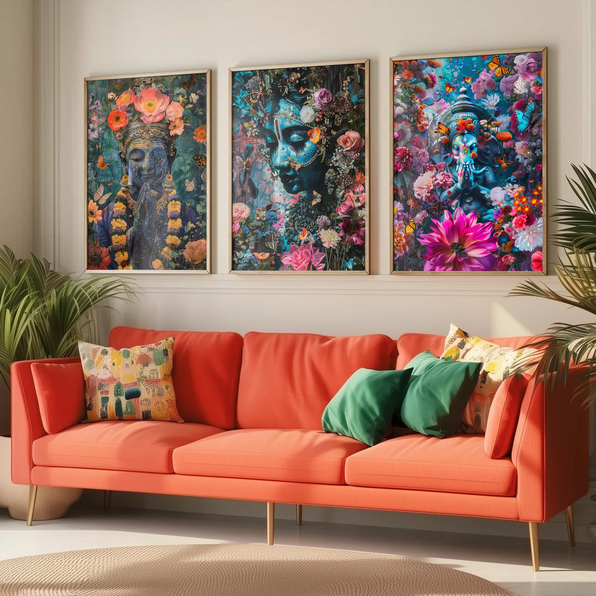 Hindu Buddhist Set of Three Art Prints - 3 Deity Floral Posters - Buddha Ganesha Spiritual Illustration Wall Art Gift Yoga Decor