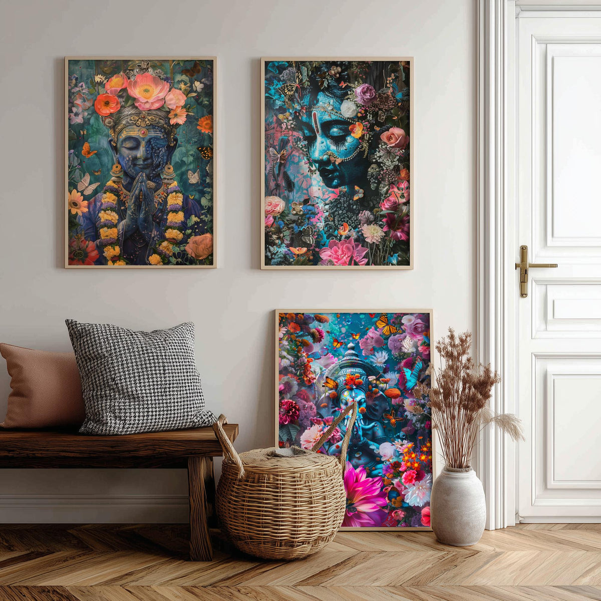 Hindu Buddhist Set of Three Art Prints - 3 Deity Floral Posters - Buddha Ganesha Spiritual Illustration Wall Art Gift Yoga Decor