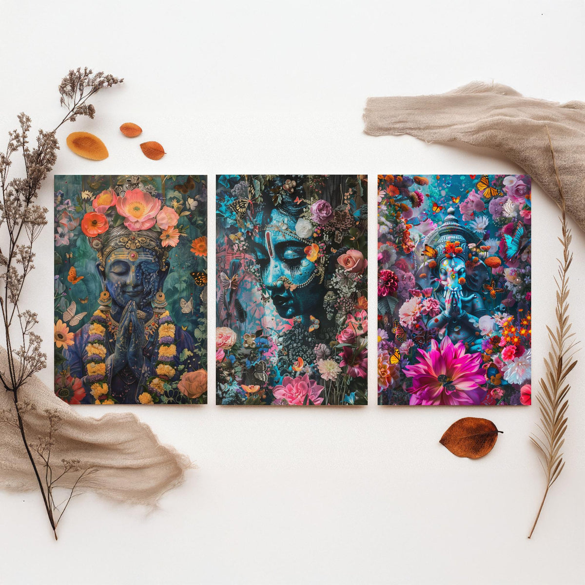 Hindu Buddhist Set of Three Art Prints - 3 Deity Floral Posters - Buddha Ganesha Spiritual Illustration Wall Art Gift Yoga Decor
