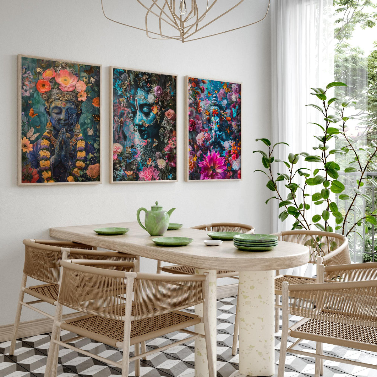 Hindu Buddhist Set of Three Art Prints - 3 Deity Floral Posters - Buddha Ganesha Spiritual Illustration Wall Art Gift Yoga Decor