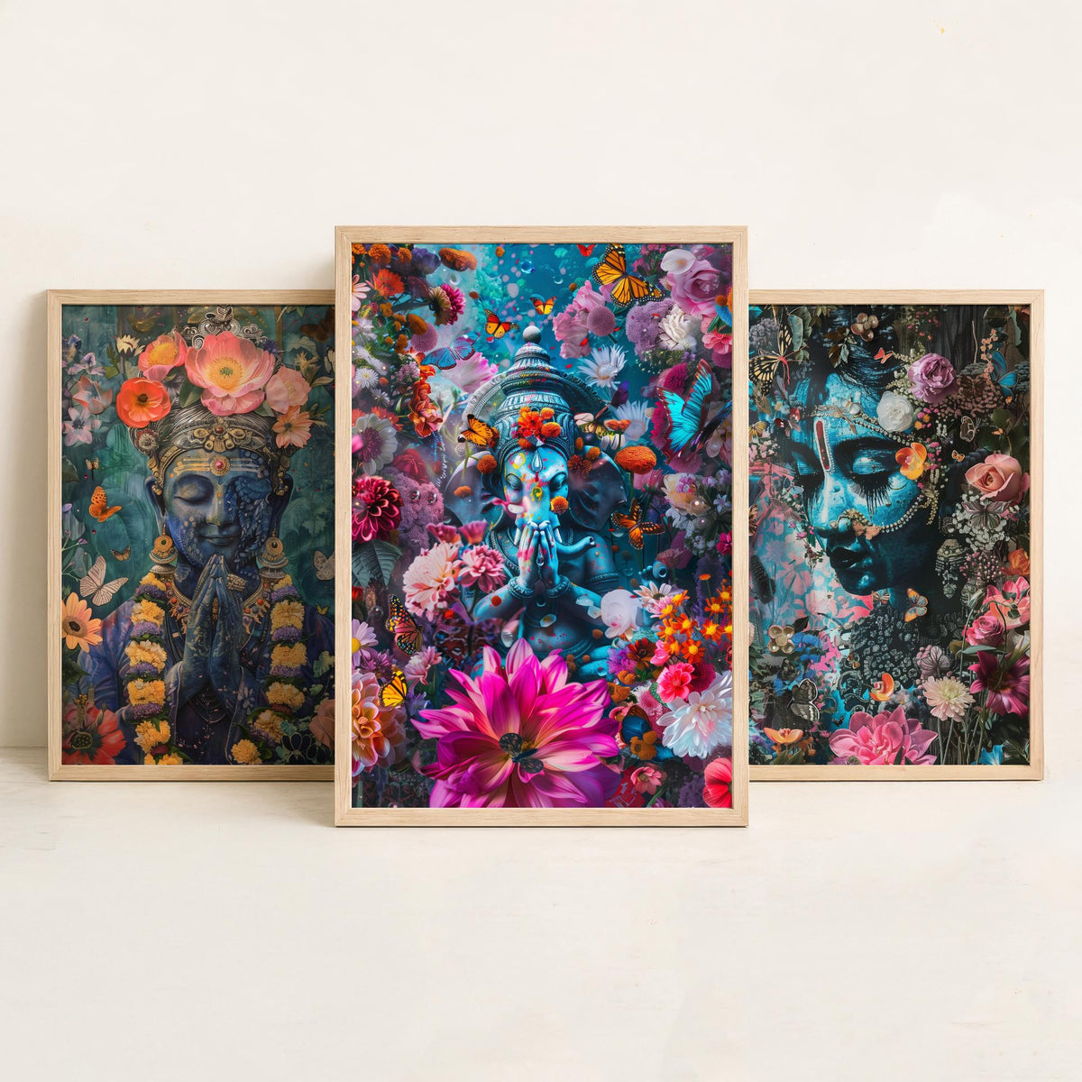 Hindu Buddhist Set of Three Art Prints - 3 Deity Floral Posters - Buddha Ganesha Spiritual Illustration Wall Art Gift Yoga Decor