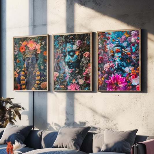 Hindu Buddhist Set of Three Art Prints - 3 Deity Floral Posters - Buddha Ganesha Spiritual Illustration Wall Art Gift Yoga Decor