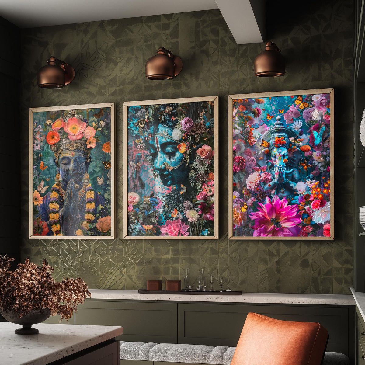 Hindu Buddhist Set of Three Art Prints - 3 Deity Floral Posters - Buddha Ganesha Spiritual Illustration Wall Art Gift Yoga Decor