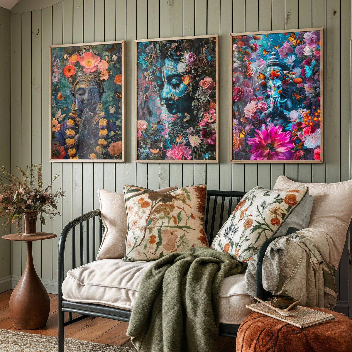 Hindu Buddhist Set of Three Art Prints - 3 Deity Floral Posters - Buddha Ganesha Spiritual Illustration Wall Art Gift Yoga Decor