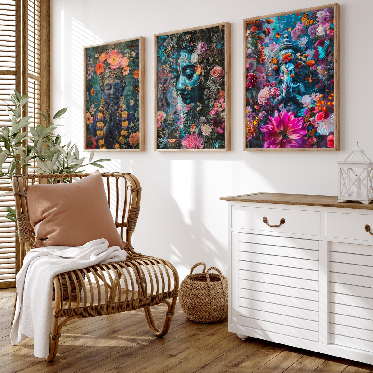 Hindu Buddhist Set of Three Art Prints - 3 Deity Floral Posters - Buddha Ganesha Spiritual Illustration Wall Art Gift Yoga Decor