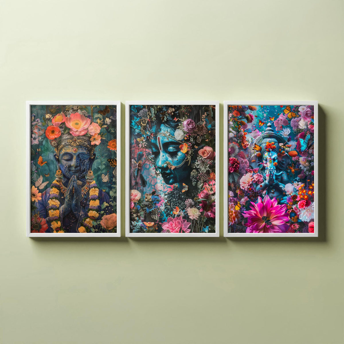 Hindu Buddhist Set of Three Art Prints - 3 Deity Floral Posters - Buddha Ganesha Spiritual Illustration Wall Art Gift Yoga Decor