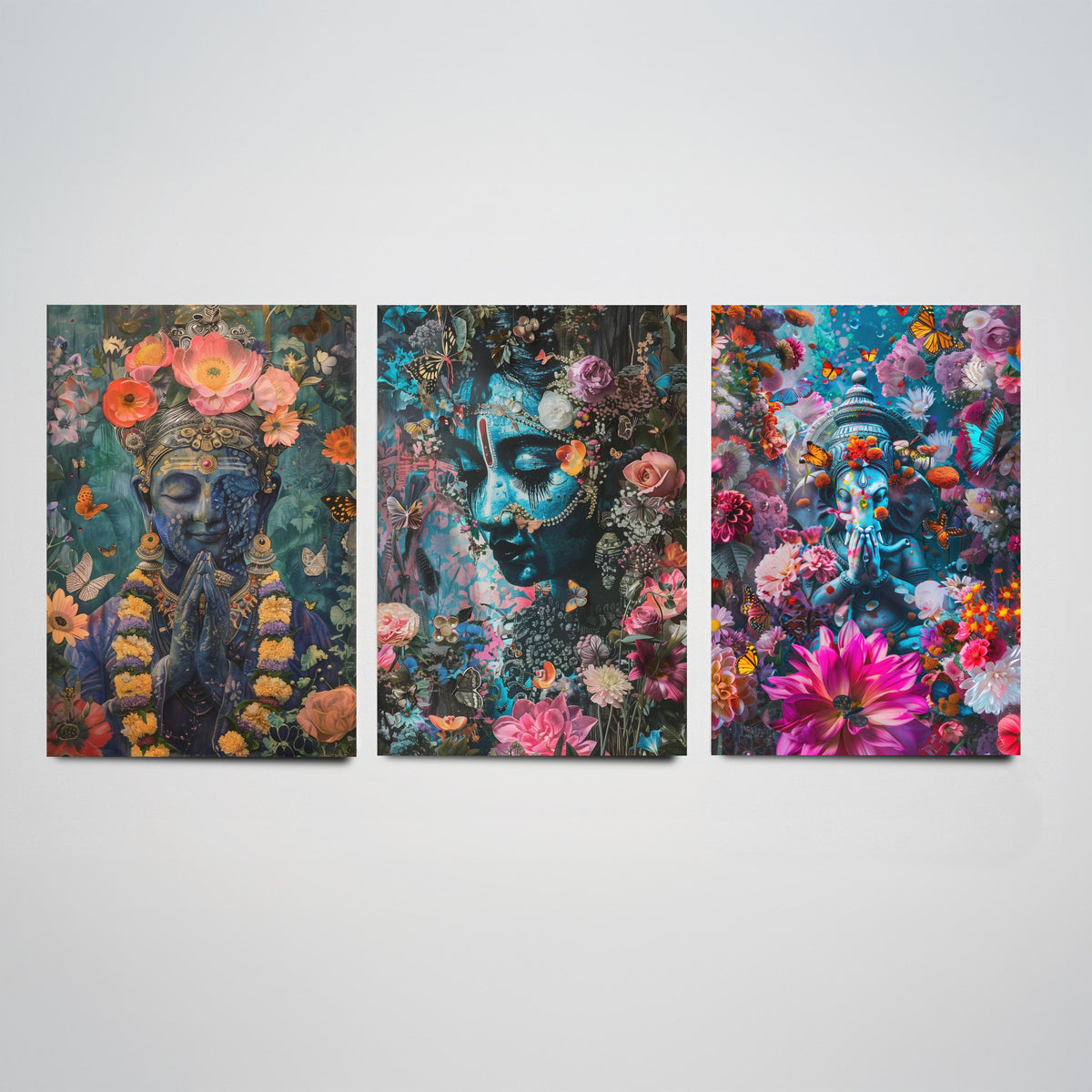 Hindu Buddhist Set of Three Art Prints - 3 Deity Floral Posters - Buddha Ganesha Spiritual Illustration Wall Art Gift Yoga Decor