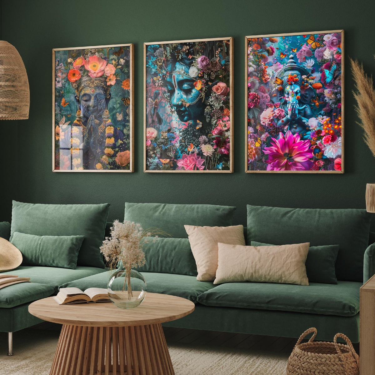 Hindu Buddhist Set of Three Art Prints - 3 Deity Floral Posters - Buddha Ganesha Spiritual Illustration Wall Art Gift Yoga Decor