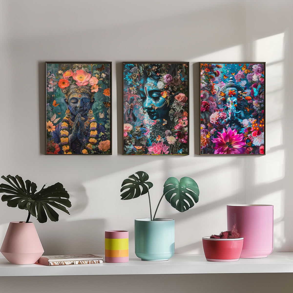 Hindu Buddhist Set of Three Art Prints - 3 Deity Floral Posters - Buddha Ganesha Spiritual Illustration Wall Art Gift Yoga Decor