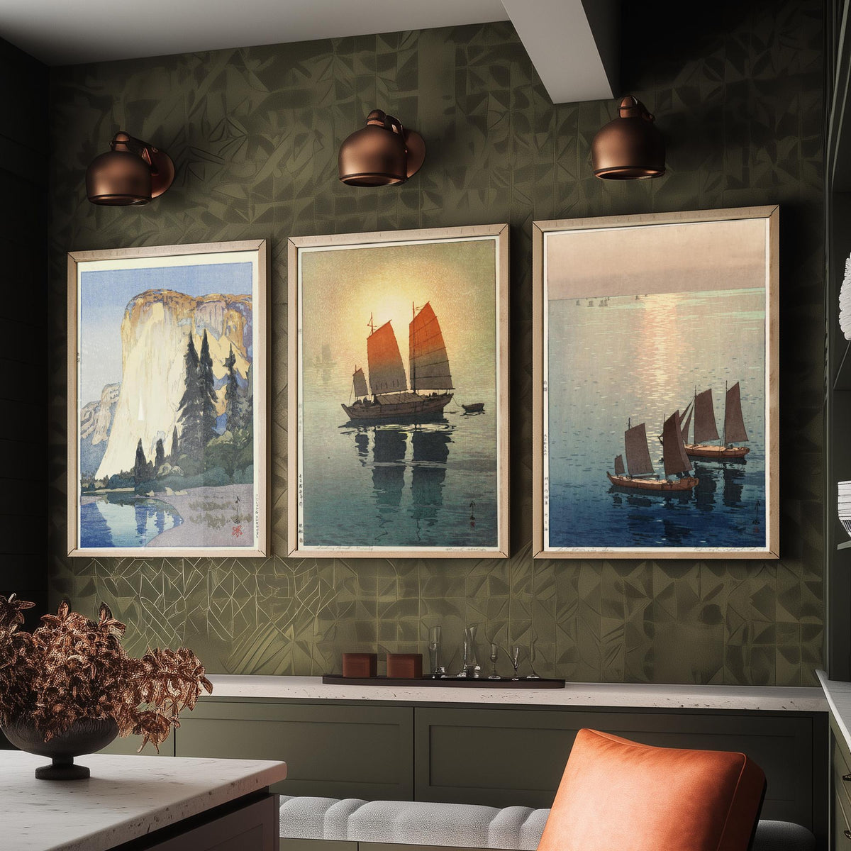 Hiroshi Yoshida Set of Three Art Prints - El Capitan Sailing Boats Sea - 3 Woodblock Posters - Japanese Illustration Wall Art Gift Ocean