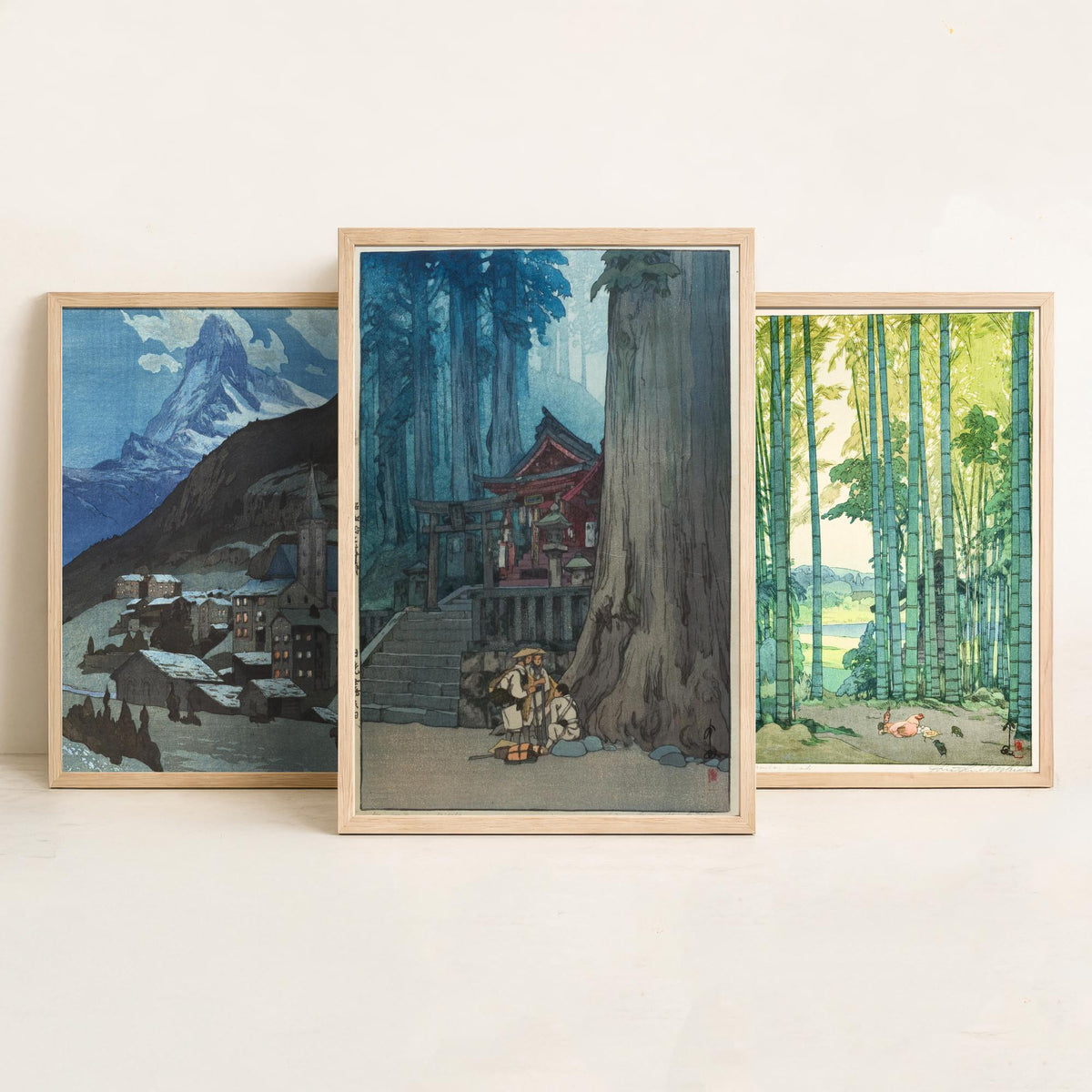Hiroshi Yoshida Set of Three Art Prints - Mountain Village, Bamboo Grove, Shrine in the Cedars - Japanese Woodcut Poster