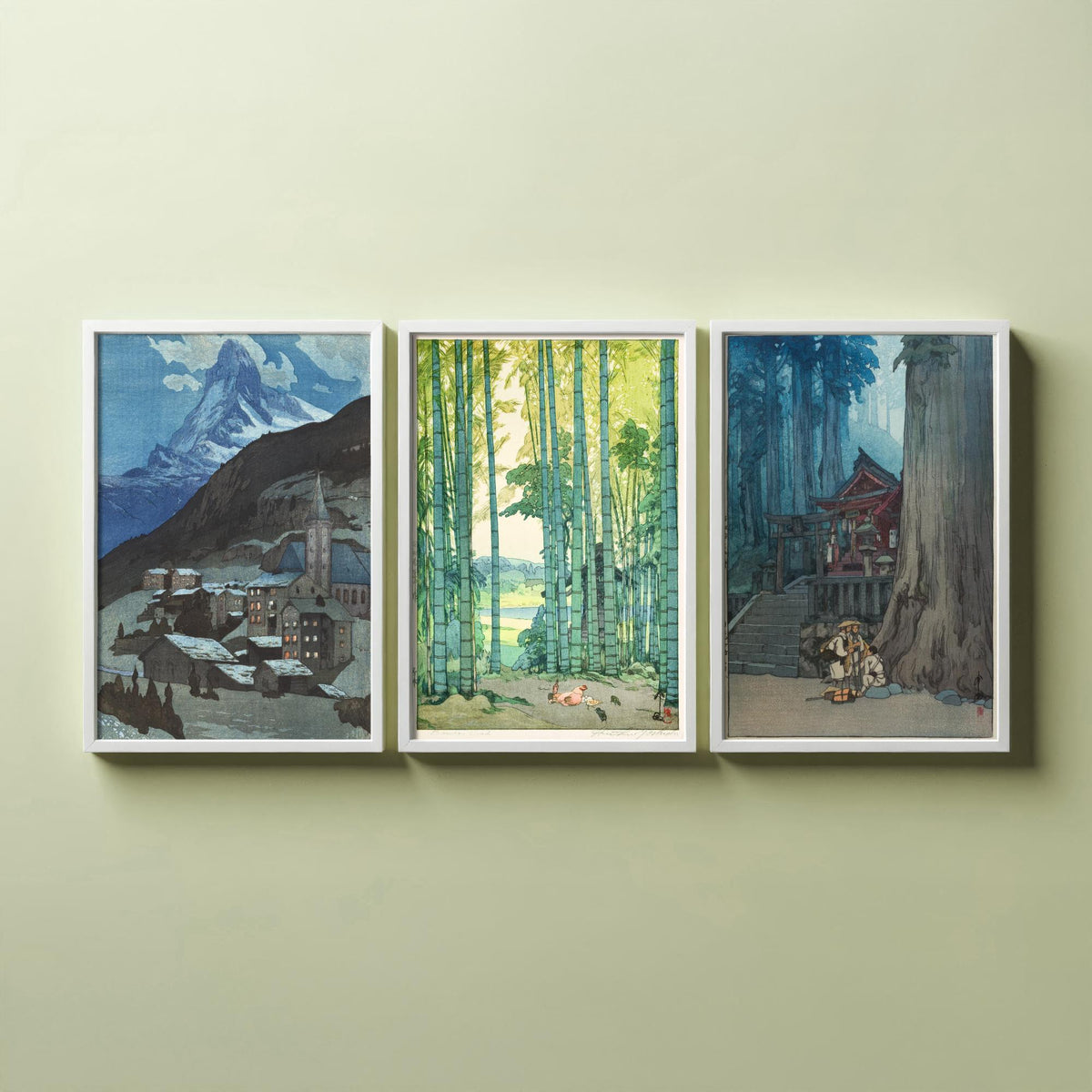 Hiroshi Yoshida Set of Three Art Prints - Mountain Village, Bamboo Grove, Shrine in the Cedars - Japanese Woodcut Poster